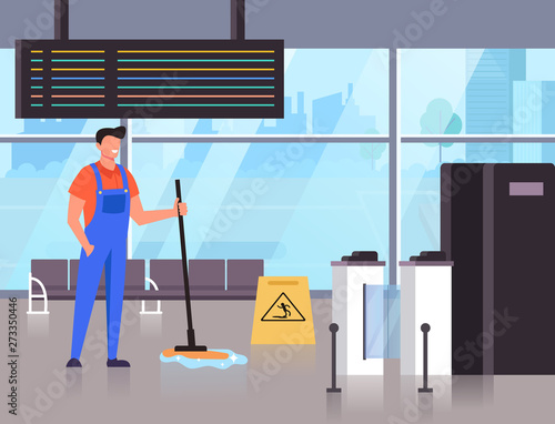 Cleaner worker man clean airport waiting room. Cleaning service concept. Vector flat cartoon graphic design banner poster illustration