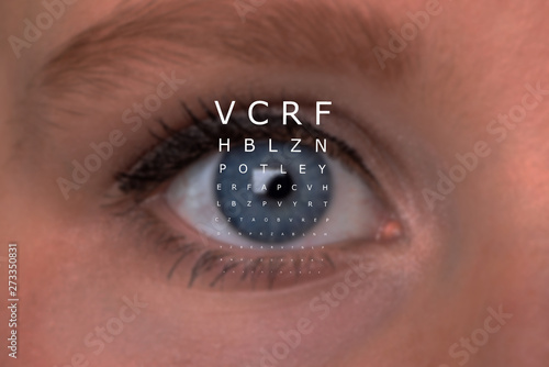 Wallpaper Mural Illustration von Auge bei Sehtest mit Buchstaben, mit blauem Auge einer Frau. Bestimmung des Visus, Sehstärke beim Optiker oder Augenarzt in der Ophtalmologie Torontodigital.ca