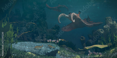 creatures of the Cambrian period, underwater scene with Anomalocaris, Opabinia, Hallucigenia, Pirania and Dinomischus (3d science rendering) photo