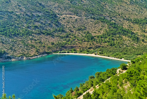 Beautiful isolated beach of Elinda with turquoise water, view from above, Chios island, Greece.