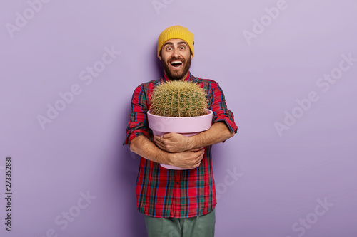 Happy Caucasian man embraces pot with big cactus, being plant lover, receives indoor plant as present, cannot believe his eyes, wears yellow hat and checkered shirt, poses against purple studio wall photo