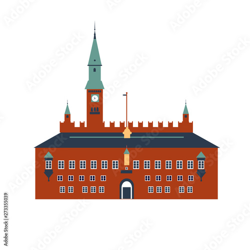 Landmark of Denmark Copenhagen City Hall cartoon vector illustration isolated on white background, danish decorative flat building, architecture historic sight attraction, Travel sightseeing set