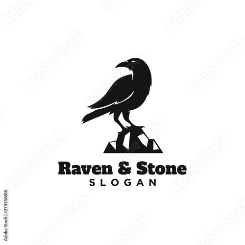 raven crow standing in stone black color with isolated background logo icon design vector illustration