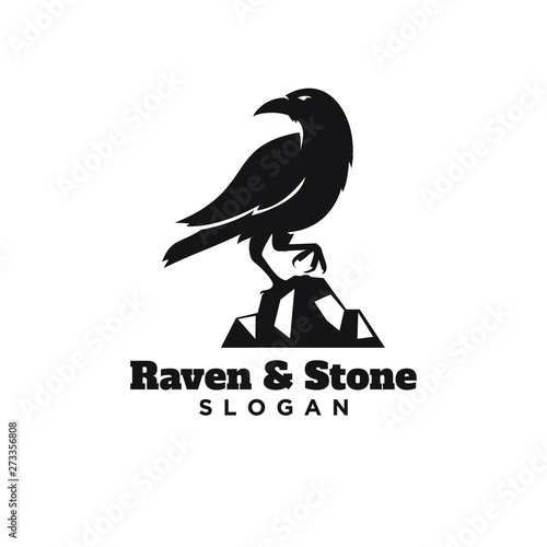 raven crow standing in stone black color with isolated background logo icon design vector illustration