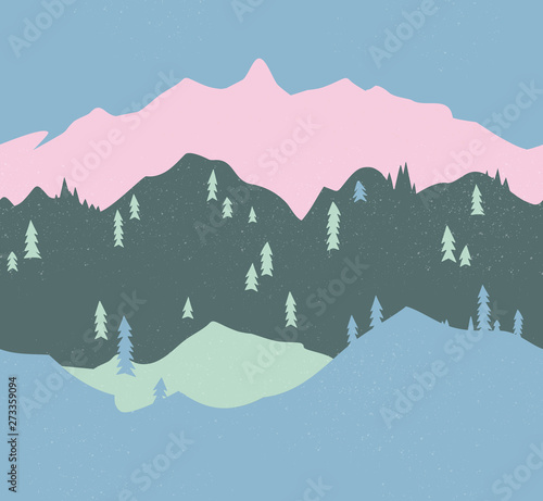 Mountain and forest seamless pattern. Endless illustration.