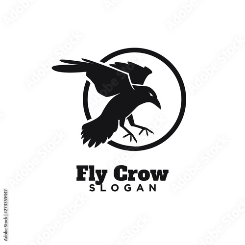 raven crow fly with circle black logo icon design vector illustration template