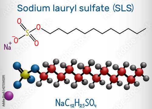 Sodium dodecyl sulfate (SDS), sodium lauryl sulfate (SLS) molecule. It is an anionic surfactant used in cleaning and hygiene products. Structural chemical formula and molecule model