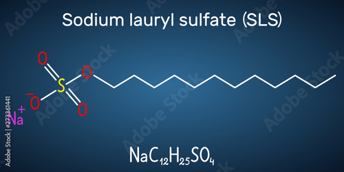 Sodium dodecyl sulfate (SDS), sodium lauryl sulfate (SLS) molecule. It is an anionic surfactant used in cleaning and hygiene products. Structural chemical formula on the dark blue background