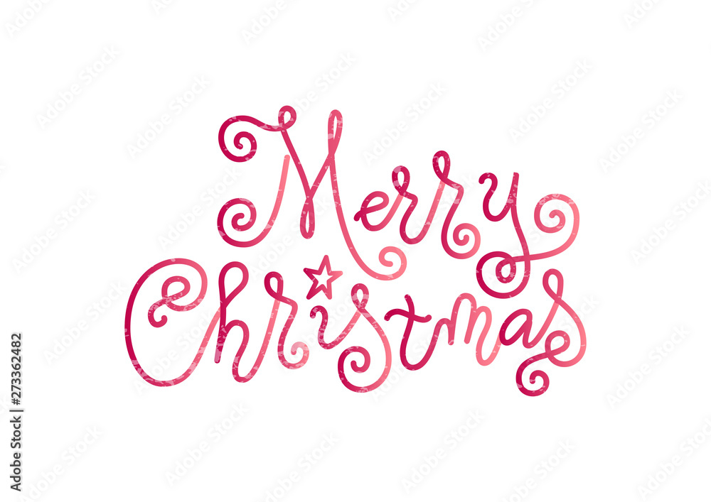 Modern mono line calligraphy lettering of Merry Christmas in pink decorated with star and texture on white
