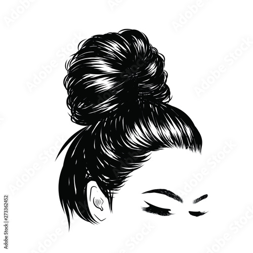 Woman with stylish messy  bun with perfect eyebrow shaped and full. Illustration of business hairstyle with natural long hair. Hand-drawn idea for greeting card, poster, flyers, web, print for t-shir