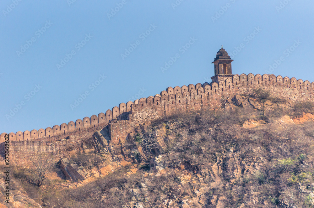 Ancient Amer wall on top of hills near Jaipur, Rajasthan