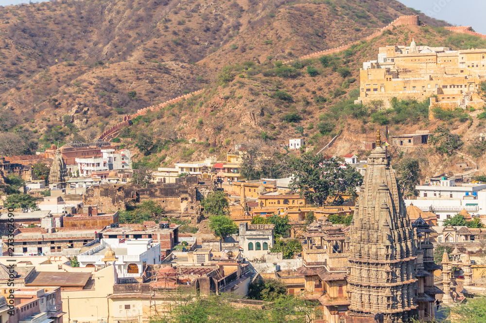 View of Amer town near Jaipur, Rajasthan, India with Hindu temple