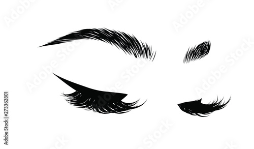 Hand-drawn woman's sexy luxurious eye with perfectly shaped eyebrows and full lashes. Idea for business visit card, typography vector.Perfect salon look.