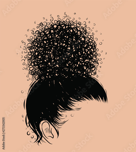 Curly beauty girl illustration isolated on clear background. Hair buns with long hair. Hand draw idea for business cards, templates, web, brochure, posters, postcards, salon