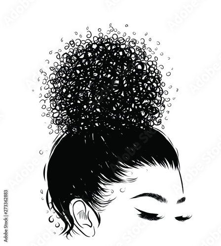 Curly beauty girl illustration isolated on clear background. Hair buns with long hair. Hand draw idea for business cards, templates, web, brochure, posters, postcards, salon