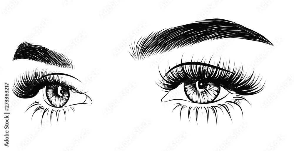 Fashion illustration of the eye with long full lashes. Hand drawn vector idea for business visit cards, templates, web, salon banners,brochures. Natural eyebrows and modern makeup Fashion illustration of the eye with long full lashes. Hand drawn vector idea for business visit cards, templates, web, salon banners,brochures. Natural eyebrows and modern makeup