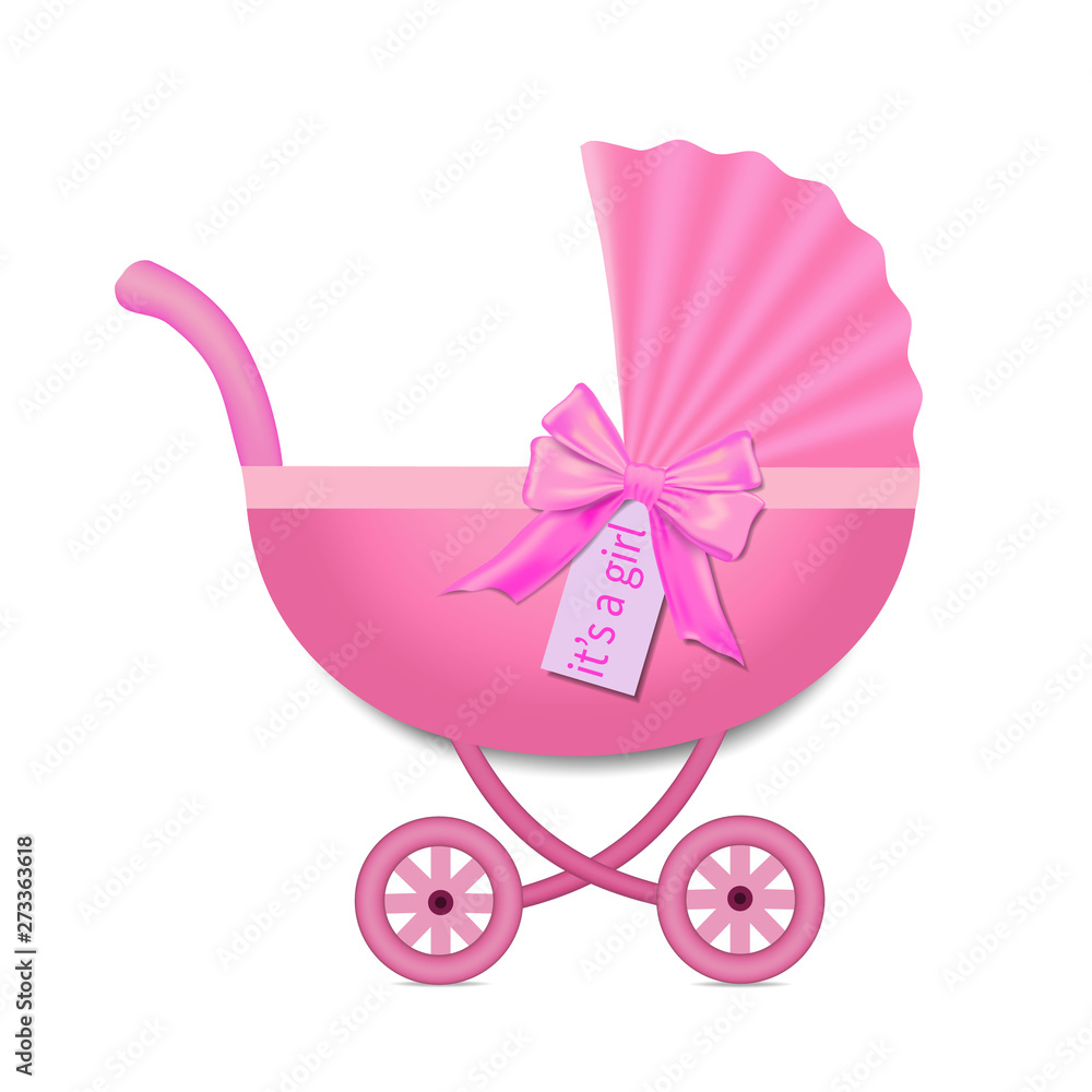 Pink Stroller with a bow for baby girl. Baby Shower invitation. Baby carriage in realistic style on isolated background. vector illustration eps10 Pink Stroller with a bow for baby girl. Baby Shower invitation. Baby carriage in realistic style on isolated background. vector illustration eps10