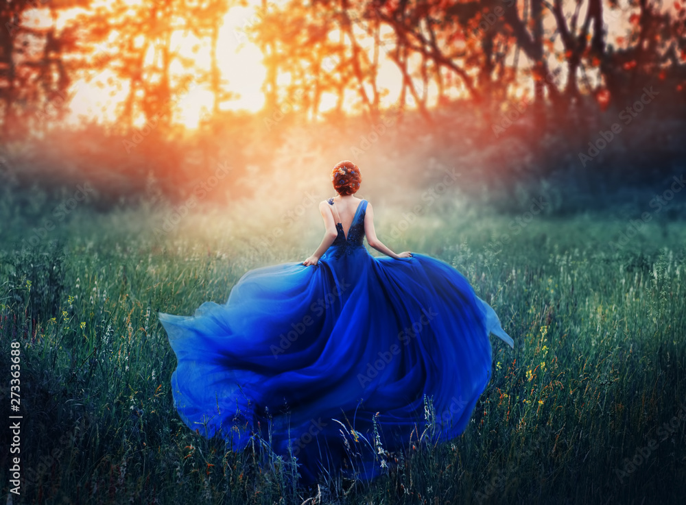 Φωτογραφία princess, with a elegant hairstyle, runs through a forest meadow to meet a fiery sunset with a haze