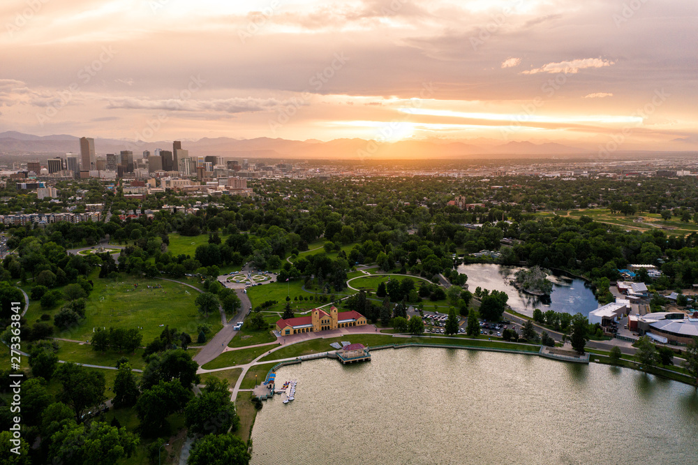 Aerial drone photo - Skyline of Denver, Colorado at sunset from City Park