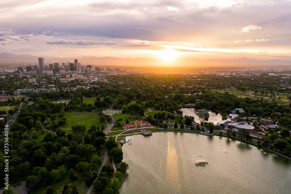 Aerial drone photo - Skyline of Denver, Colorado at sunset from City Park