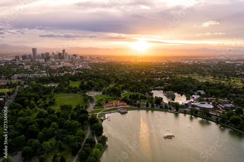 Aerial drone photo - Skyline of Denver, Colorado at sunset from City Park photo