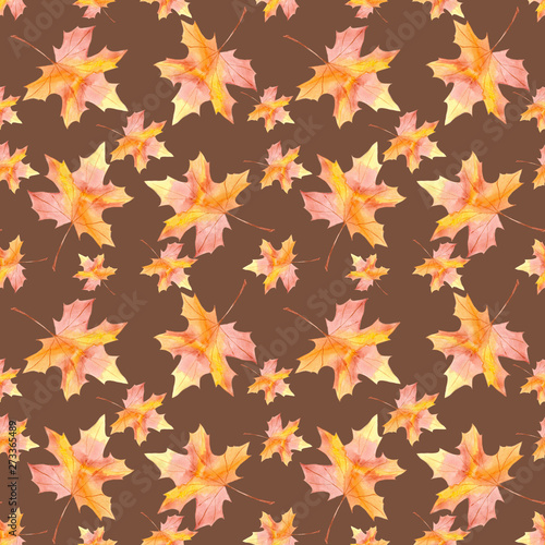Hand drawn seamless pattern watercolor colorful maple fall leaf on brown background.Design for wallpaper,textile,paper,invitation,greeting cards,scrapbooking