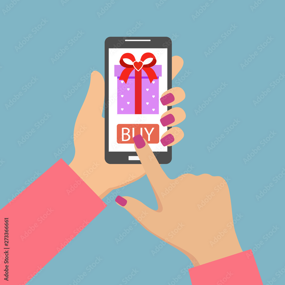 Mobile account.Gift app page on smartphone screen. Hand hold smartphone, finger touch sign in button on blue background Mobile account.Gift app page on smartphone screen. Hand hold smartphone, finger touch sign in button on blue background