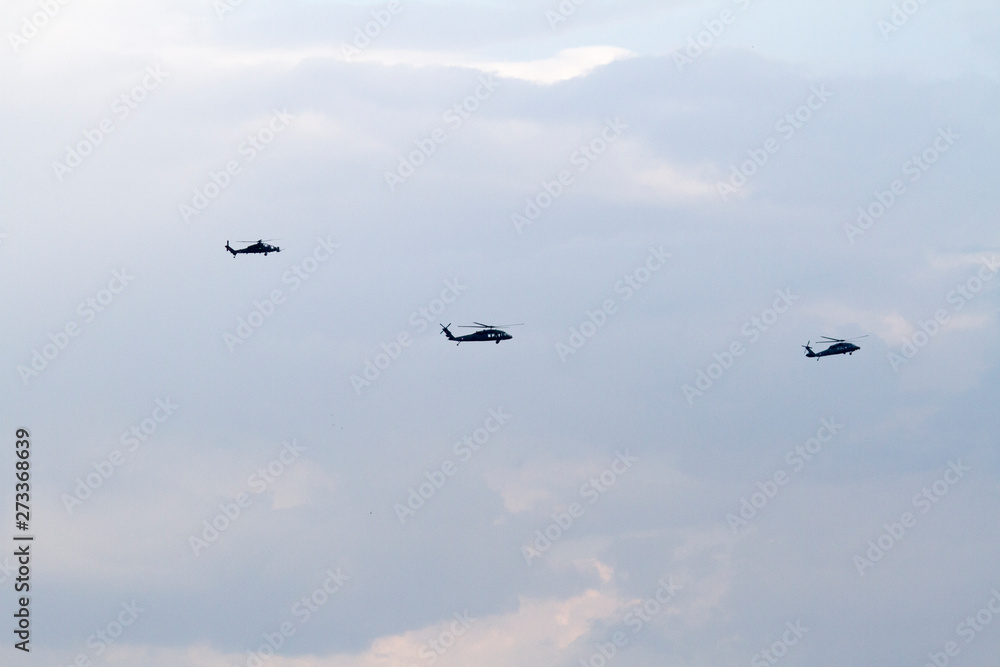 Military helicopters on blue sky with clouds and birds.