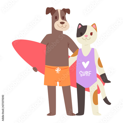 Surf vector cat dog animal surfer character surfing on surfboard illustration animalistic set of cartoon young sportsman kitty girl and doggy boy on wakeboard isolated on white background