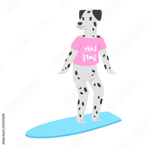 Surf vector dog animal surfer character surfing on surfboard illustration animalistic set of cartoon young sportsman doggy boy on wakeboard isolated on white background