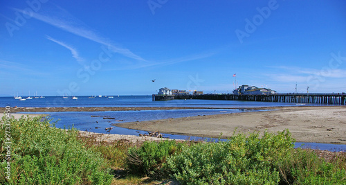 Impression of the Pacific Coast in California  Santa Barbara  beach with the State St. wharf in the background  in springtime