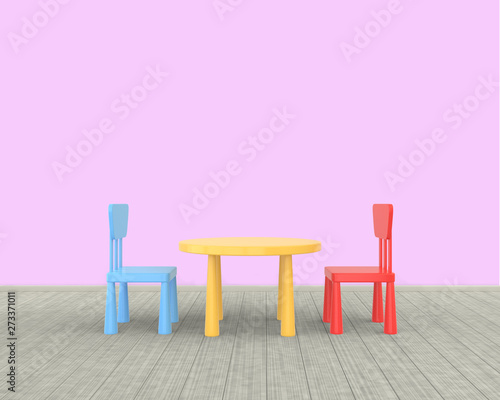  The minimalist nursery interior of a children s colored table and chairs on a pink background. 3D render..