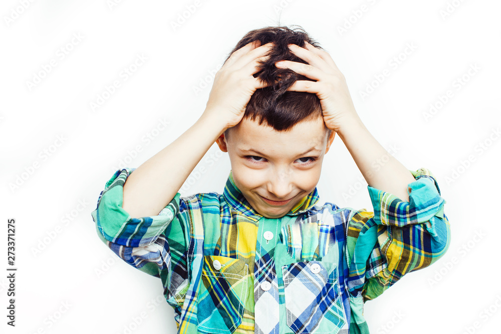 little cute boy on white background gesture smiling close up, lifestyle people concept little cute boy on white background gesture smiling close up, lifestyle people concept