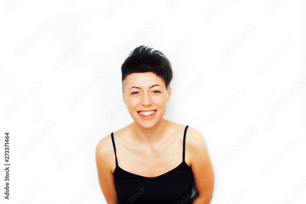young pretty brunette girl with modern short haircut posing cheerful smiling isolated on white background, lifestyle people concept