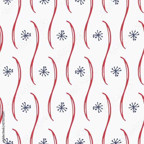 Hand drawn Americana seamless pattern in red, white and blue. Perfect, fun background for any patriotic American holiday. Quirky hand drawn doodle design, great for textiles, paper and party decor.