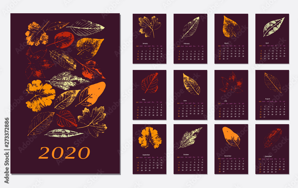 Calendar Layout for 2020 years.