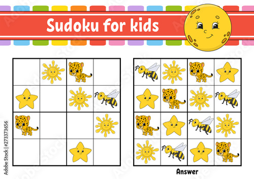 Sudoku for kids. Education developing worksheet. Activity page with pictures. Puzzle game for children. Logical thinking training. Isolated vector illustration. Funny character. Cartoon style.