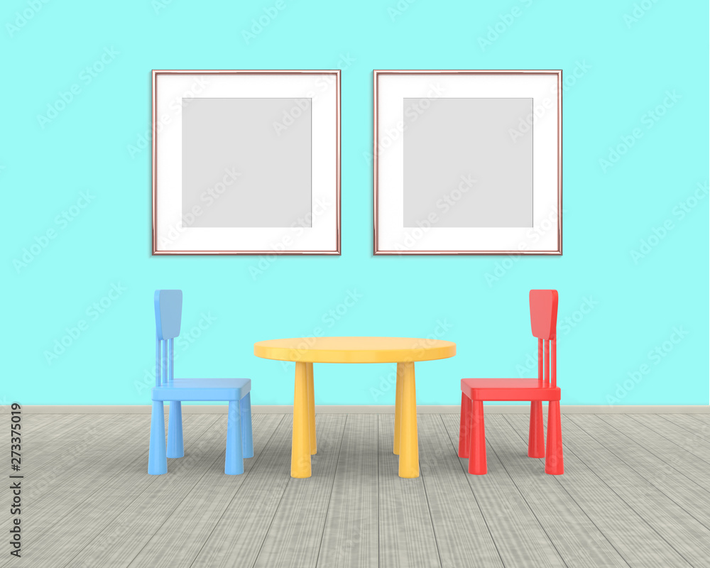 Two square Frame mockup of rose gold in the nursery. The minimalist interior of a children's colored table and chairs on a blue background. 3D render.. Two square Frame mockup of rose gold in the nursery. The minimalist interior of a children's colored table and chairs on a blue background. 3D render..