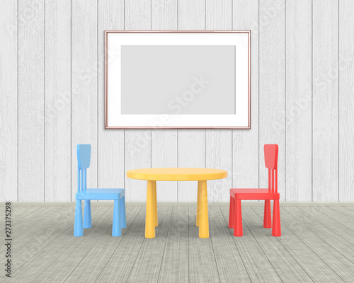 Fototapeta Naklejka Na Ścianę i Meble -  Horizontal Frame mockup of rose gold in the nursery. The minimalist interior of a children's colored table and chairs on a white wooden background. 3D render..