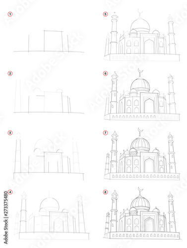 Creation step by step pencil drawing. Page shows how learn to draw fantastic Asian eastern fairyland castle. Print for artists school textbook. Developing skills for design. Hand-drawn vector image.