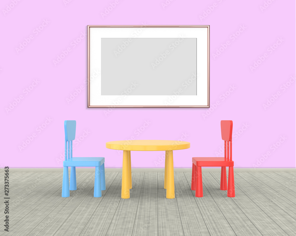 Horizontal Frame mockup of rose gold in the nursery. The minimalist interior of a children's colored table and chairs on a brick background. 3D render.. Horizontal Frame mockup of rose gold in the nursery. The minimalist interior of a children's colored table and chairs on a brick background. 3D render..