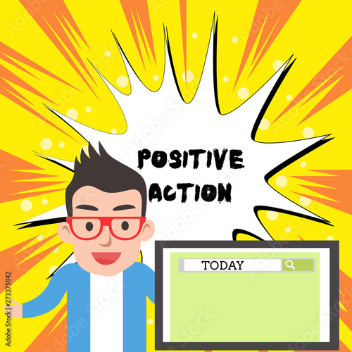 Handwriting text writing Positive Action. Conceptual photo doing good attitude against certain situation Fine reaction Male Speaker Monitor with Search Tool on Screen Presentation or Report