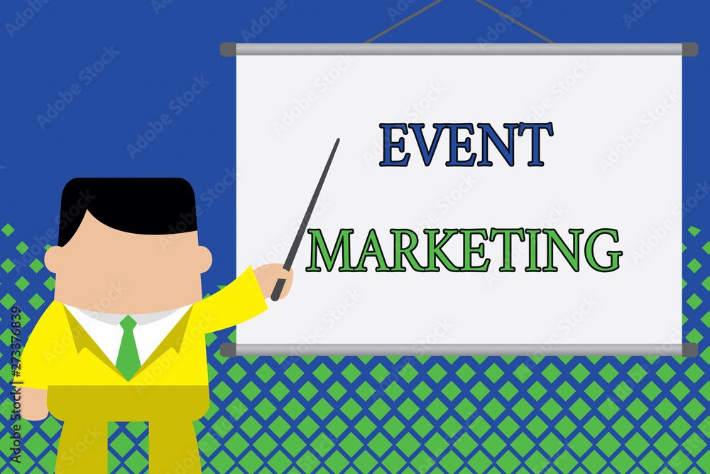 Writing note showing Event Marketing. Business concept for describes process of developing display to promote product Businessman standing in front projector screen pointing project idea Writing note showing Event Marketing. Business concept for describes process of developing display to promote product Businessman standing in front projector screen pointing project idea