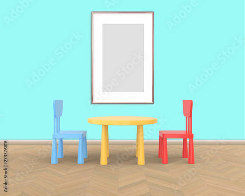 Fototapeta Naklejka Na Ścianę i Meble -  Vertical Frame mockup of rose gold in the nursery. The minimalist interior of a children's colored table and chairs on a blue background. 3D render..