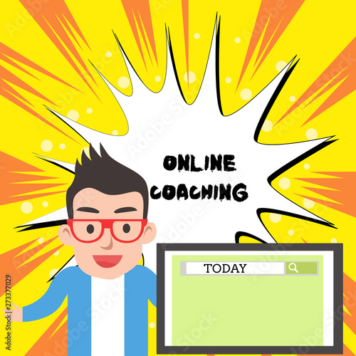 Handwriting text writing Online Coaching. Conceptual photo Learning from online and internet with the help of a coach Male Speaker Monitor with Search Tool on Screen Presentation or Report