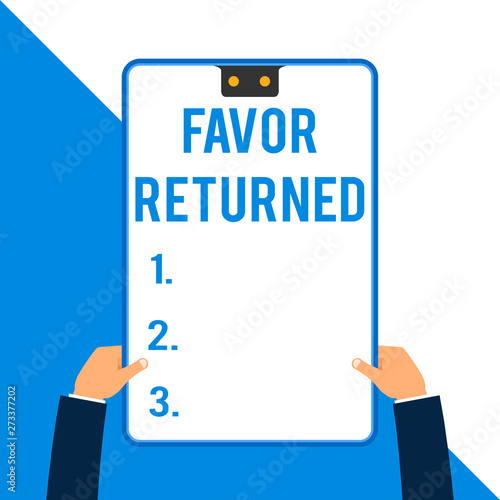 Word writing text Favor Returned. Business photo showcasing Good deed for someone who has done a good deed for you Two executive male hands holding electronic device geometrical background photo