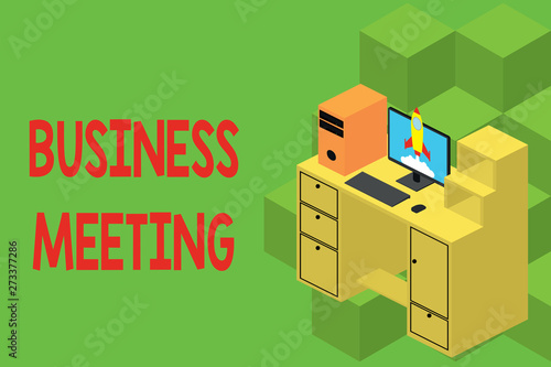 Text sign showing Business Meeting. Business photo showcasing used discuss issues that cannot be addressed in simple way Working desktop station drawers personal computer launching rocket clouds