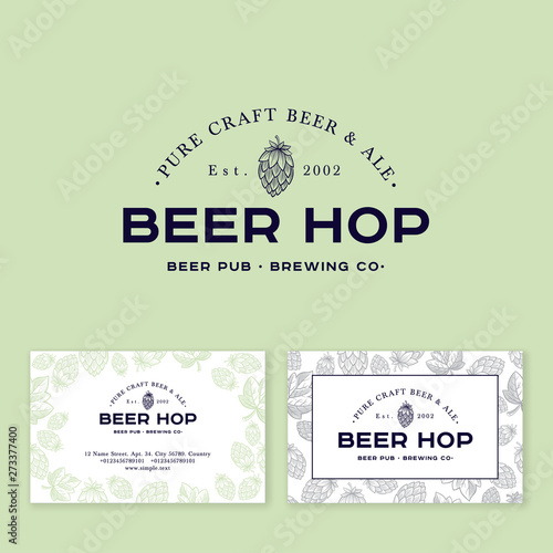 Beer Cones logo at Engraving Style. Hop Cones Illustration with Letters. Business Card. Pattern of Ripe Hop Cones and Leaves.