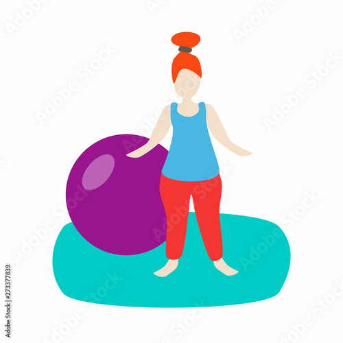 Woman with fitness ball standing on sport mat flat illustration