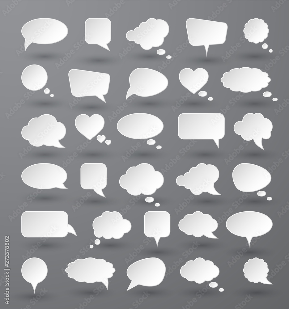Fototapeta premium White paper speech bubbles on gray background. Vector illustration